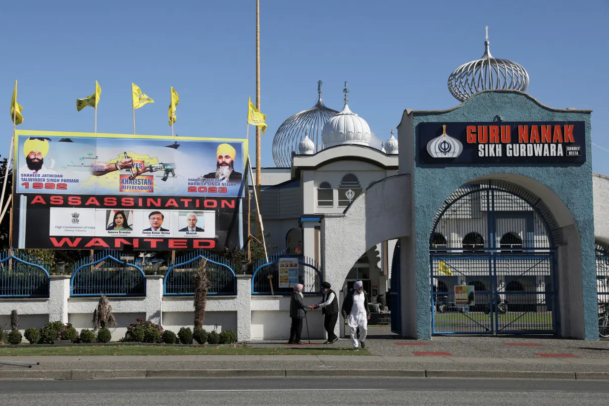 FILE PHOTO: A sign outside the Guru Nanak Sikh Gurdwara temple is seen after the killing on its grounds in June 2023 of Sikh leader Hardeep Singh Nijjar, in Surrey