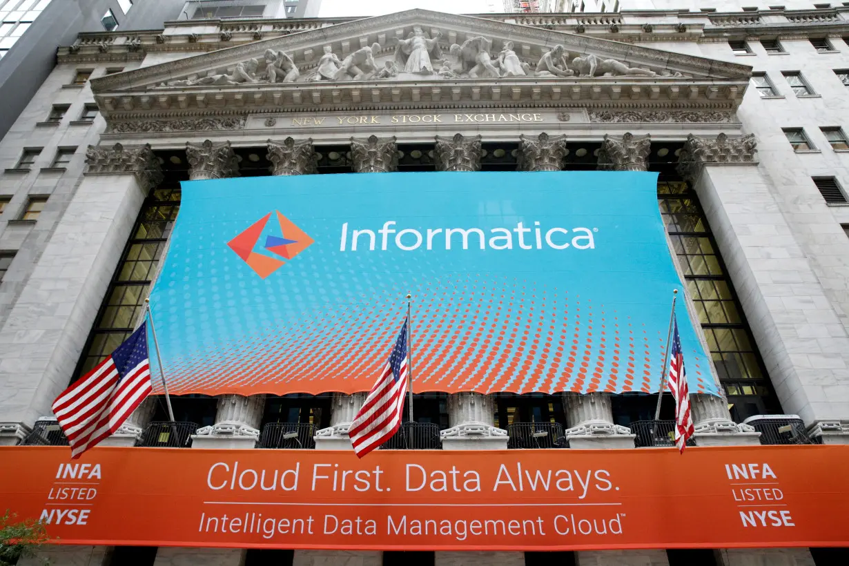 FILE PHOTO: A banner celebrating the Informatica IPO on the front of the NYSE in New York