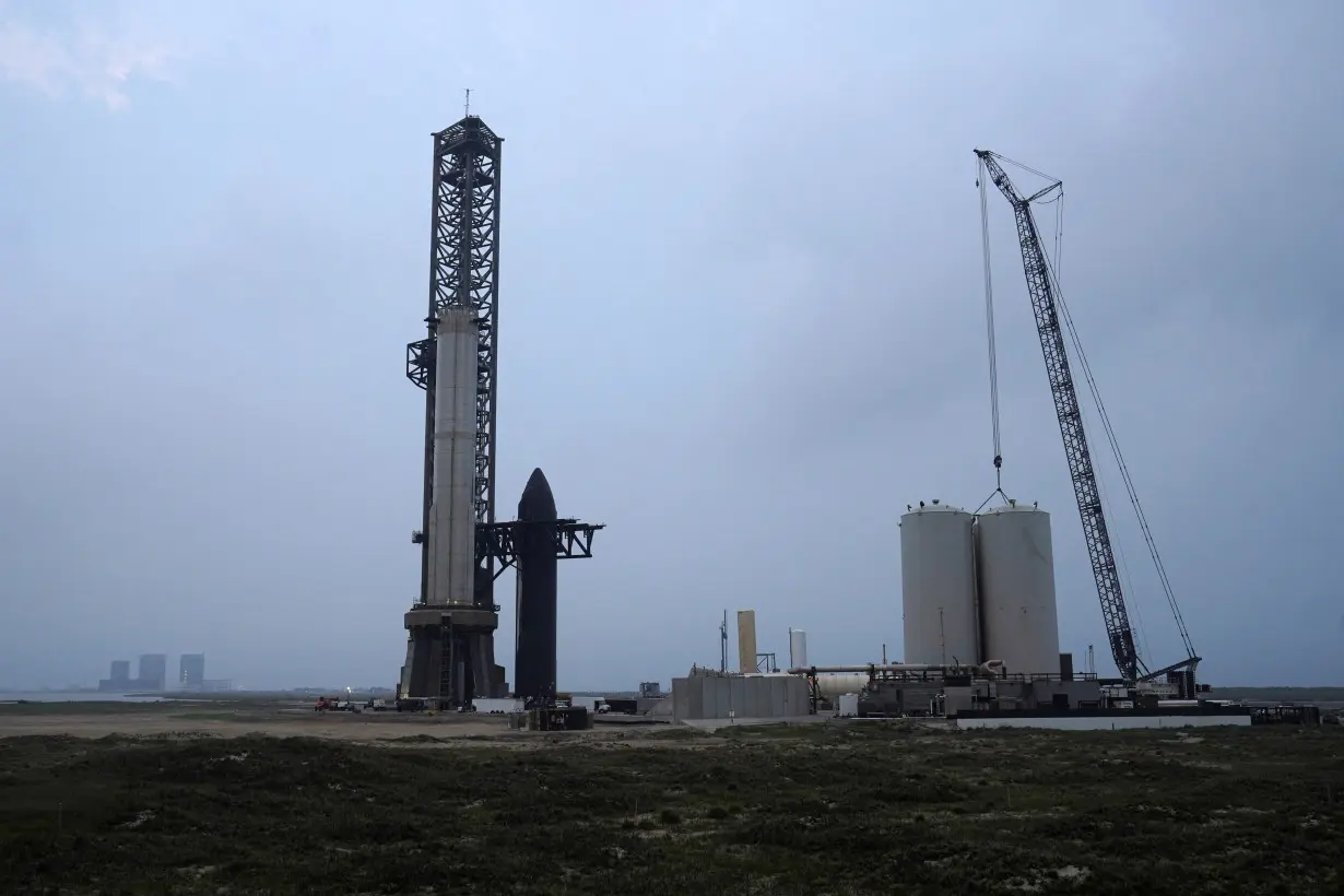 SpaceX’s Starship rocket prototype is pictured in the rocket launch area in Brownsville