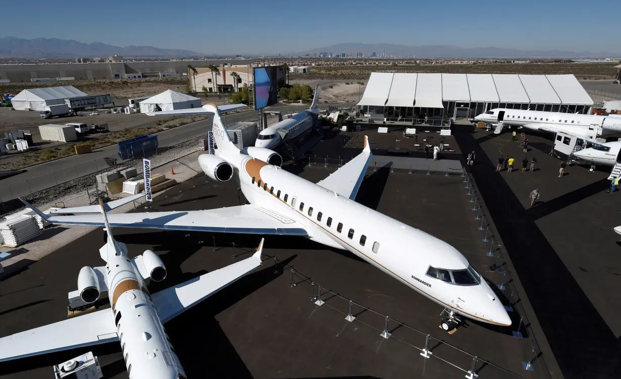 FILE PHOTO: An aerial view of Bombardier's Global 7000 business jet is seen during the National Business Aviation Association at the Henderson Executive Airport in Henderson