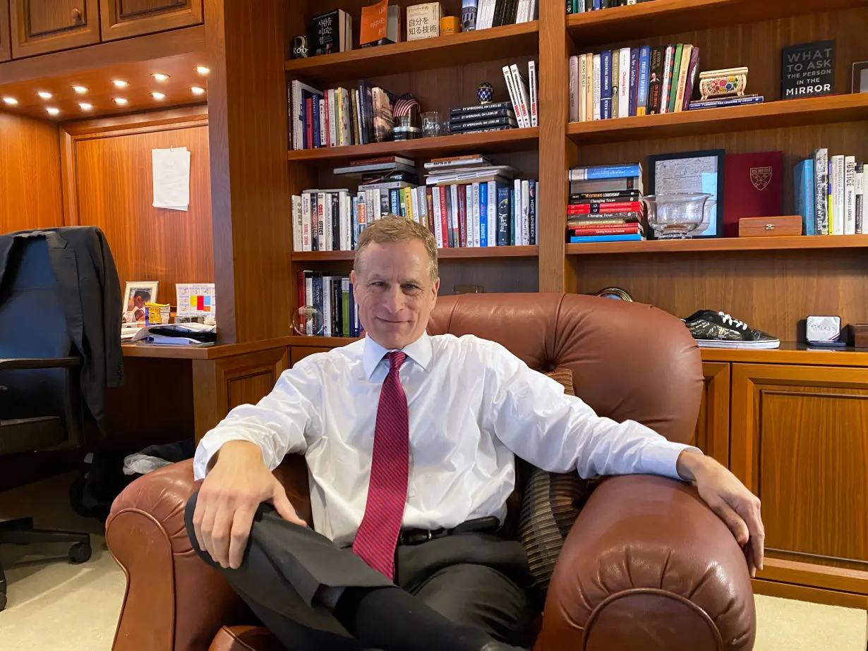 Dallas Federal Reserve Bank President Robert Kaplan speaks during an interview in his office at the bank's headquarters in Dallas