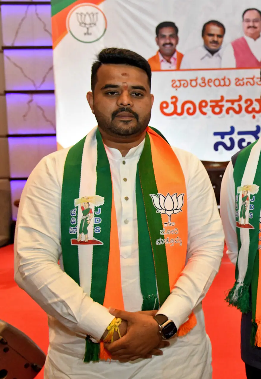 Prajwal Revanna attends a meeting to form an alliance with India's ruling Bharatiya Janata Party, in Bengaluru