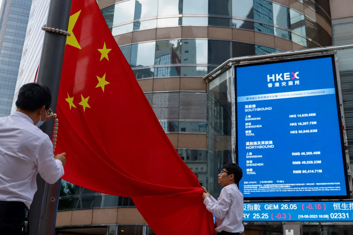 Staff lower Chinese national flag in front of screens showing the index and stock prices outside Exchange Square, in Hong Kong