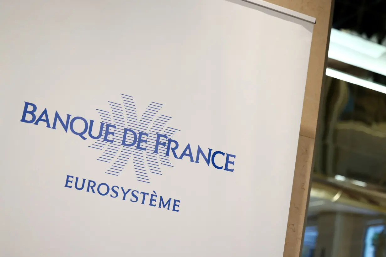 A logo is seen inside the Bank of France in Paris