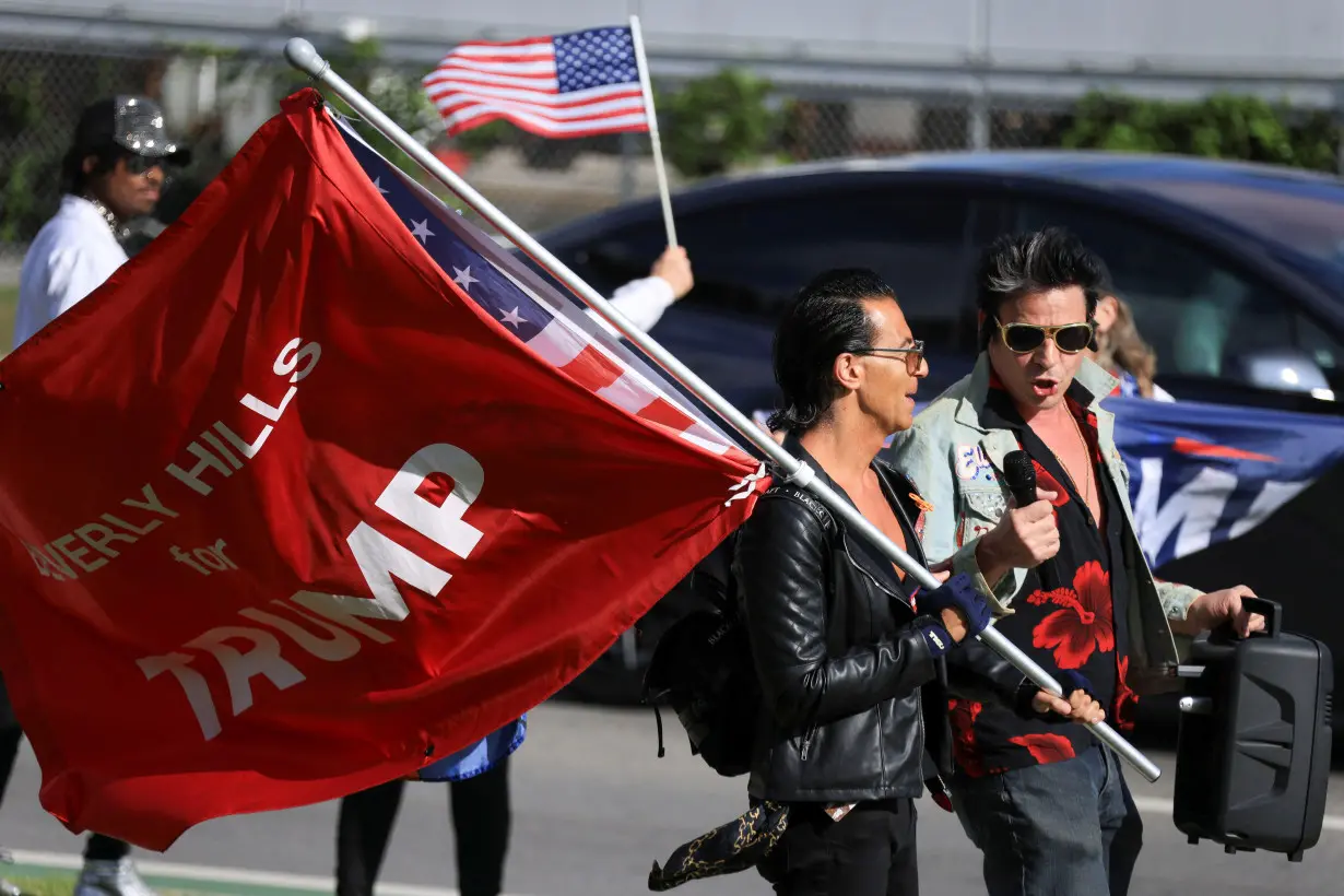 Supporters of former U.S. President and Republican presidential candidate Trump hold a rally at Beverly Hills