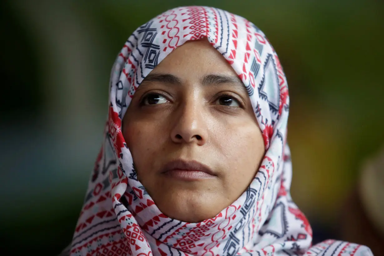 FILE PHOTO: Nobel Peace Prize winner Tawakkol Karman of Yemen looks on during a news conference against mining in the town of Casillas