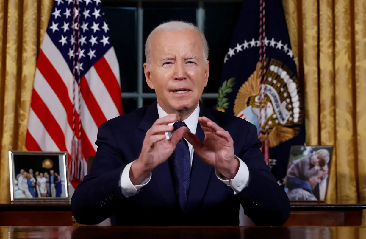 U.S. President Joe Biden delivers an address to the nation from the Oval Office of the White House in Washington