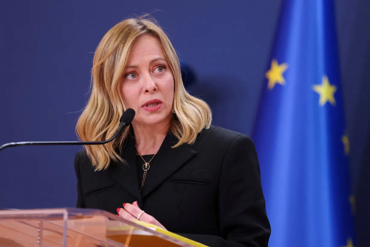 FILE PHOTO: Italian Prime Minister Giorgia Meloni speaks during a press conference in Belgrade