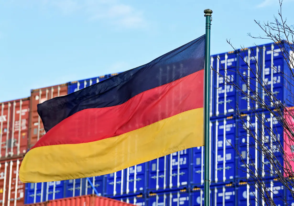 FILE PHOTO: A German flag blows in the wind in front of a stack of containers at the harbour in Hamburg