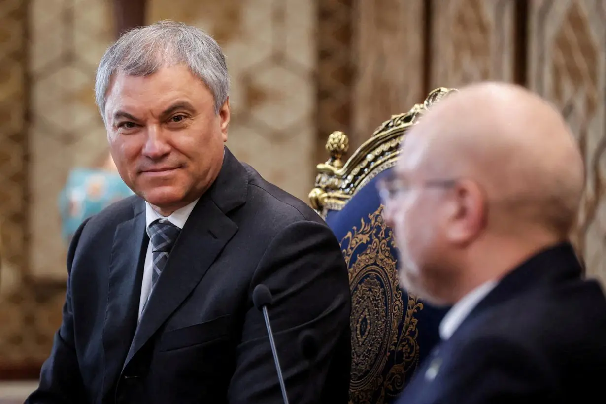 Iranian Parliament Speaker Mohammad Baqer Qalibaf meets with Russian State Duma Chairman Vyacheslav Volodin in Tehran