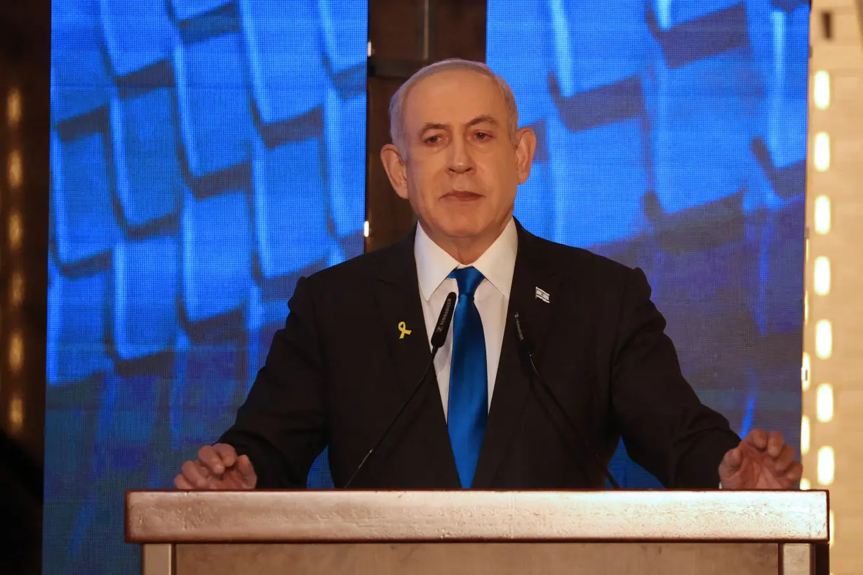 Israeli Prime Minister Netanyahu addresses a ceremony marking Memorial Day in Jerusalem