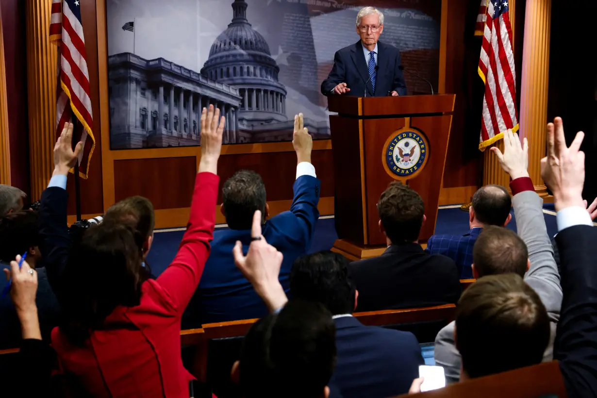 Senate Minority Leader Mitch McConnell speaks during a press conference on Capitol Hill in Washington