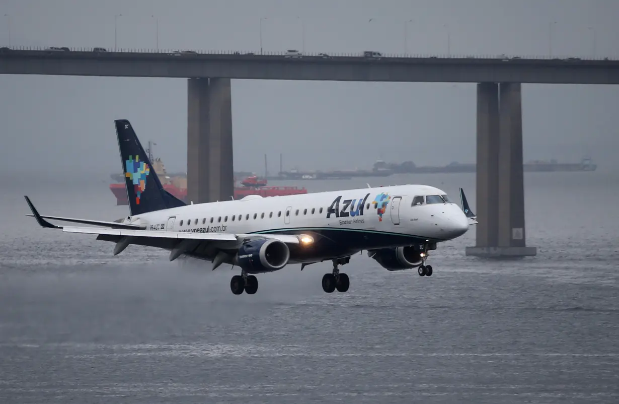 An Embraer ERJ-190AR airplane of Azul Brazilian Airlines prepares to land at Santos Dumont airport in Rio de Janeiro