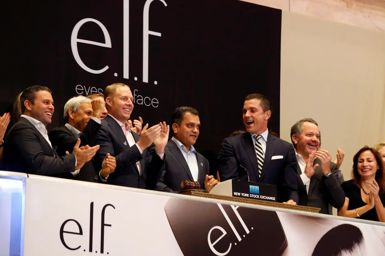 FILE PHOTO: CEO of e.l.f. Beauty Inc. Tarang Amin rings the opening bell at the NYSE to celebrate his company's IPO in New York City