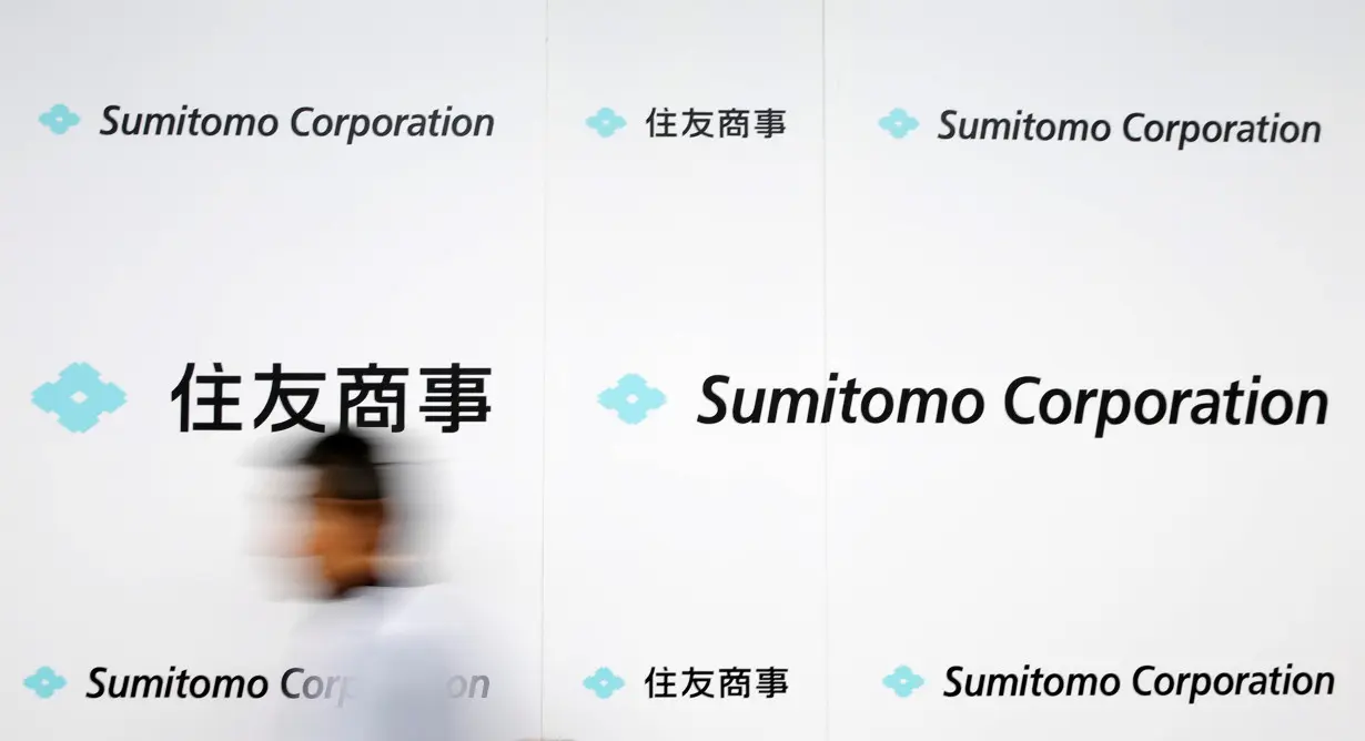 Logos of Sumitomo Corp are seen after the company's initiation ceremony at its headquarters in Tokyo