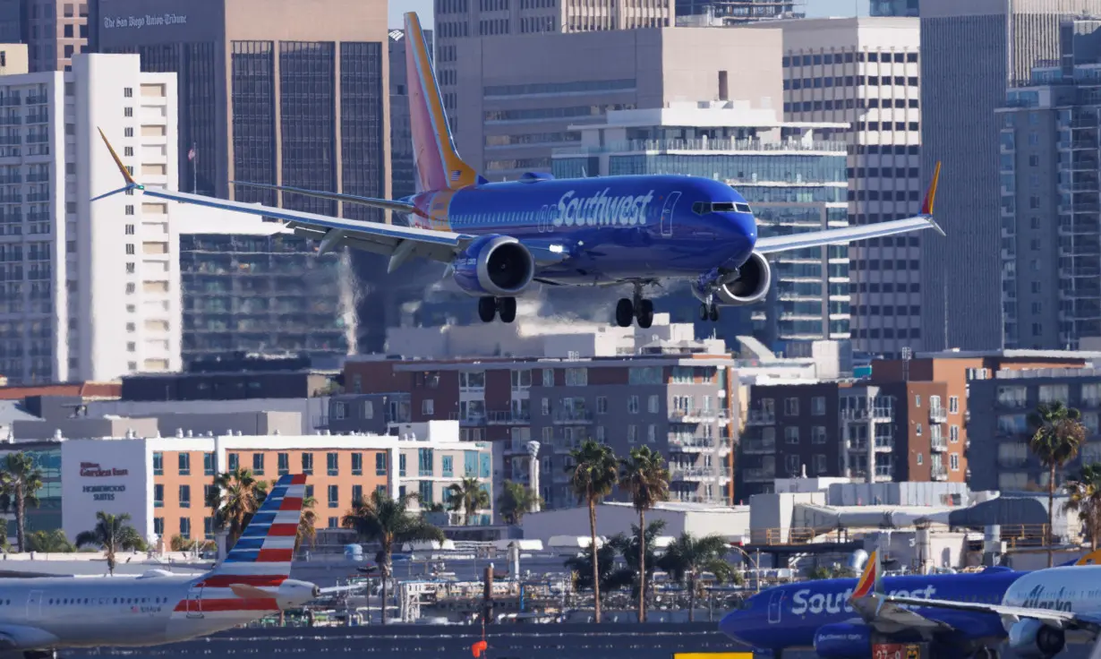 A Southwest airlines flight lands in San Diego airport