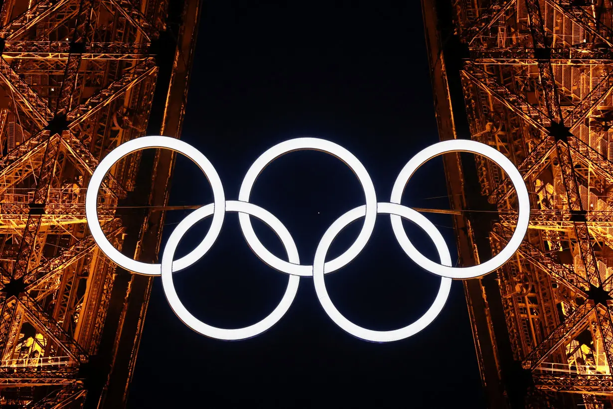 The Olympic rings displayed on the first floor of the Eiffel Tower