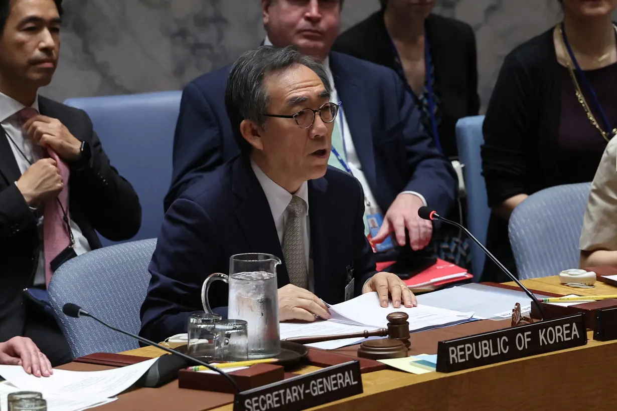 Cho Tae-yul, Minister of Foreign Affairs of the Republic of Korea, speaks during a meeting on Cyber threats at the U.N. headquarters in New York City