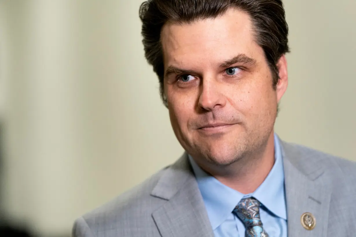 FILE PHOTO: U.S. Rep. Matt Gaetz (R-FL) speaks to the media on Capitol Hill, in Washington