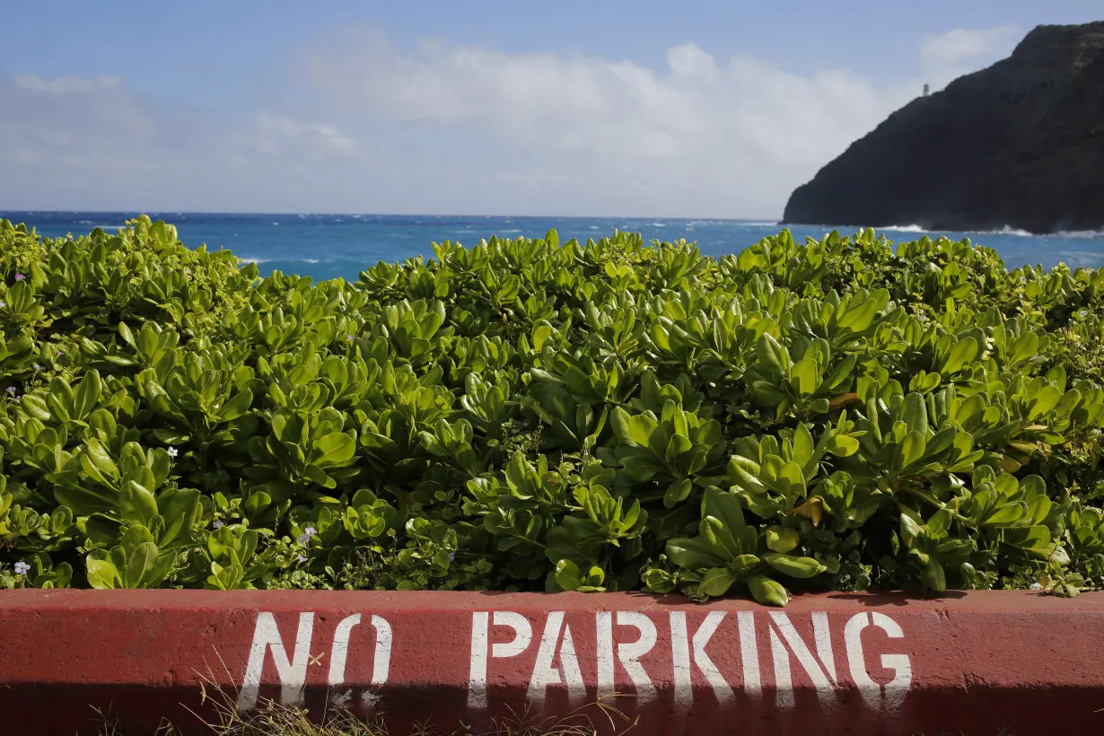 A no parking sign turns motorists away from a view on the coastline southeast of Honolulu