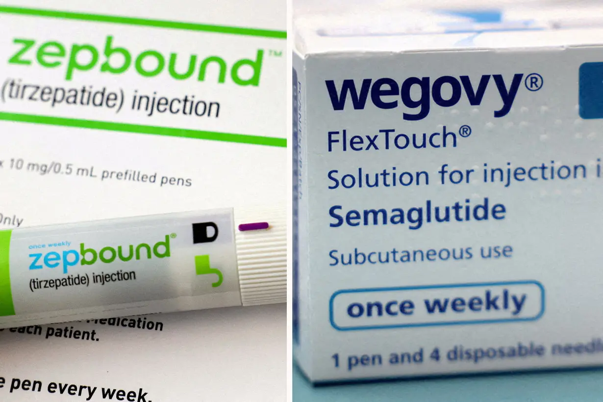 FILE PHOTO: A combination image shows an injection pen of Zepbound, Eli Lilly's weight loss drug, and boxes of Wegovy, made by Novo Nordisk