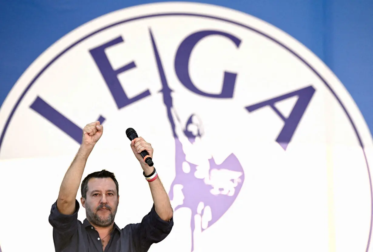 FILE PHOTO: Matteo Salvini, leader of the League party, attends a rally in Pontida