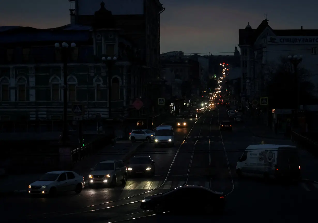 FILE PHOTO: A view shows the city without electricity after critical civil infrastructure was hit by Russian missile attacks in Kharkiv