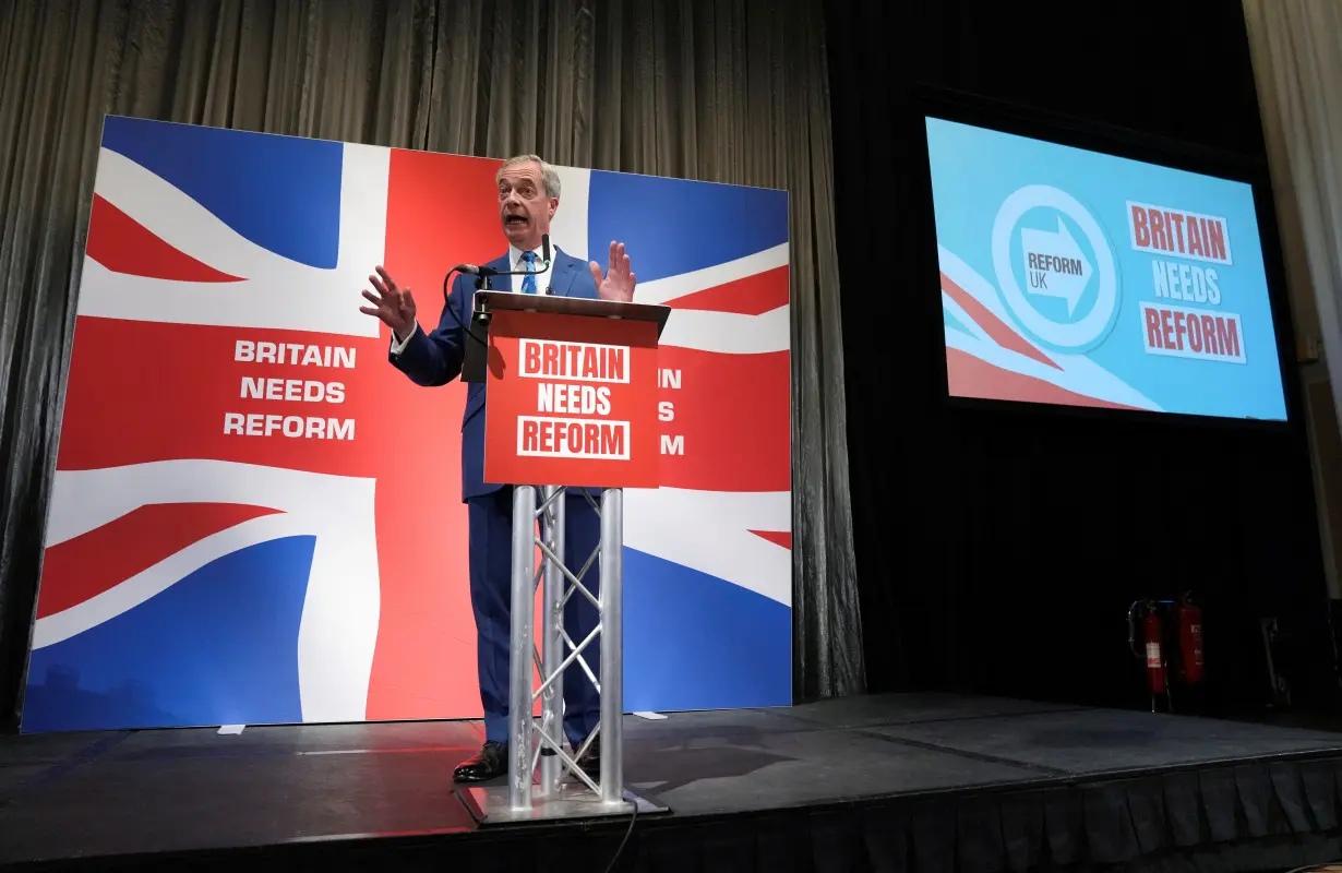 Honorary President of the Reform UK party Nigel Farage attends press conference, in London