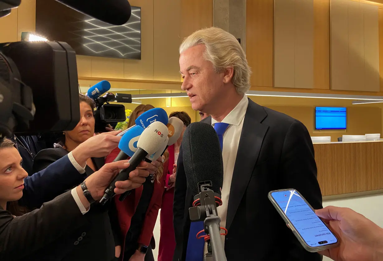 Dutch far-right leader Geert Wilders speaks to media in The Hague