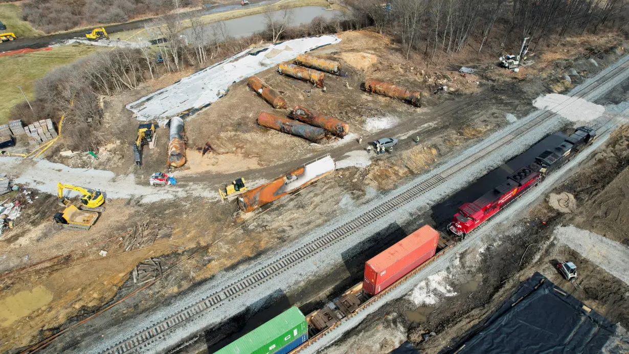 Site of the derailment of a train carrying hazardous waste, in East Palestine, Ohio