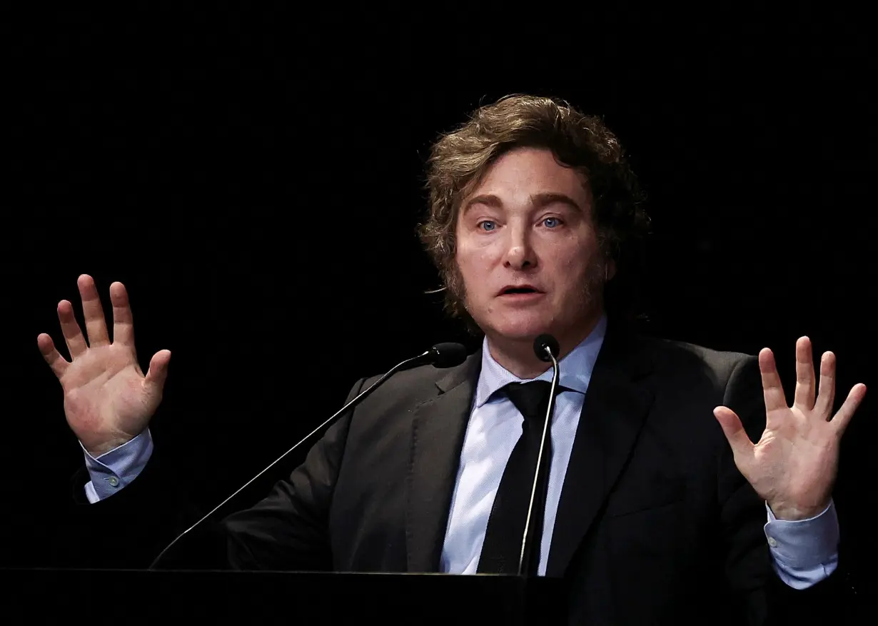 FILE PHOTO: Argentina's President Javier Milei speaks at a business event, in Buenos Aires