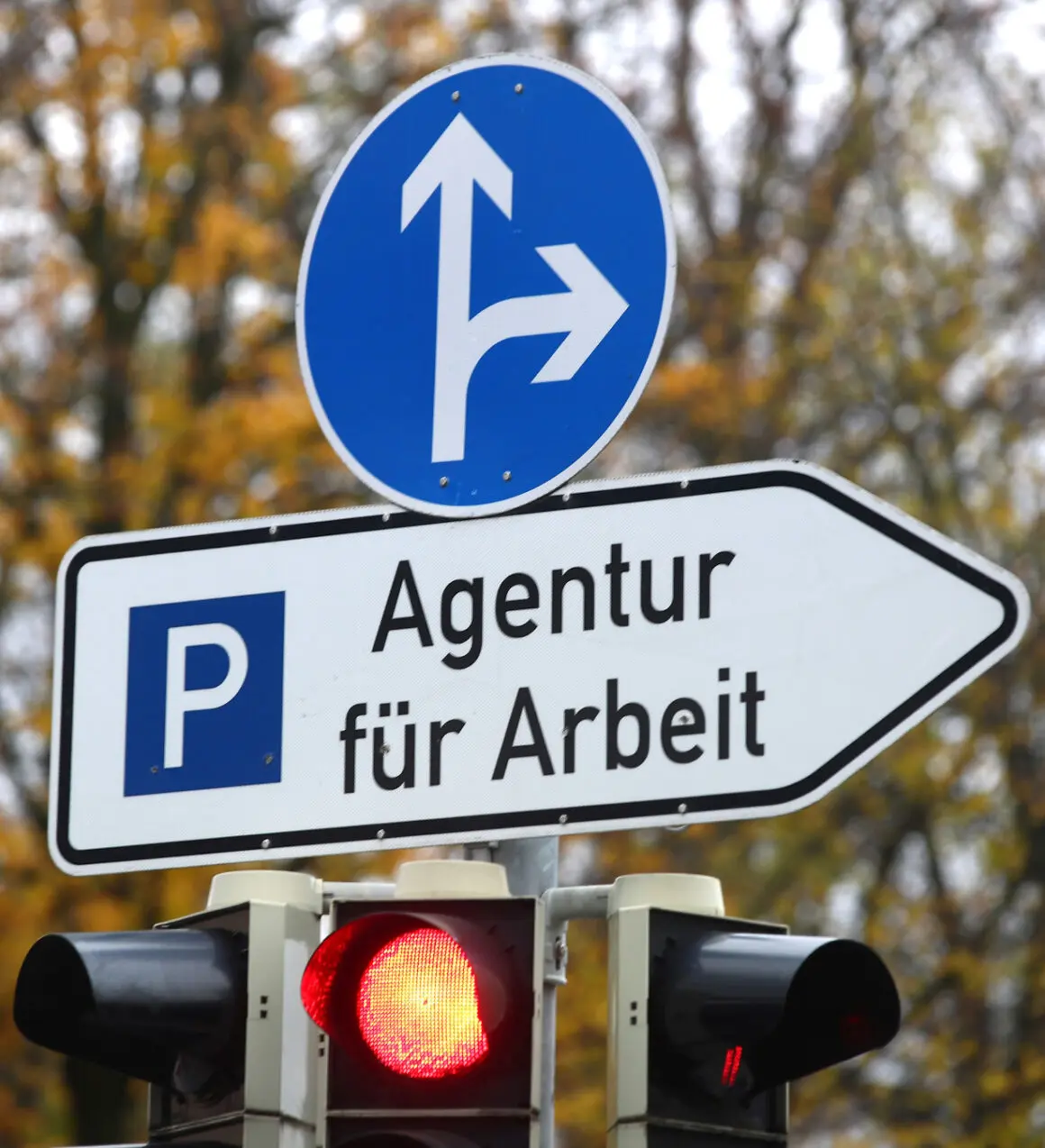 Traffic lights are seen below a sign leading to a job centre of Germany's Federal Labour Office in Munich