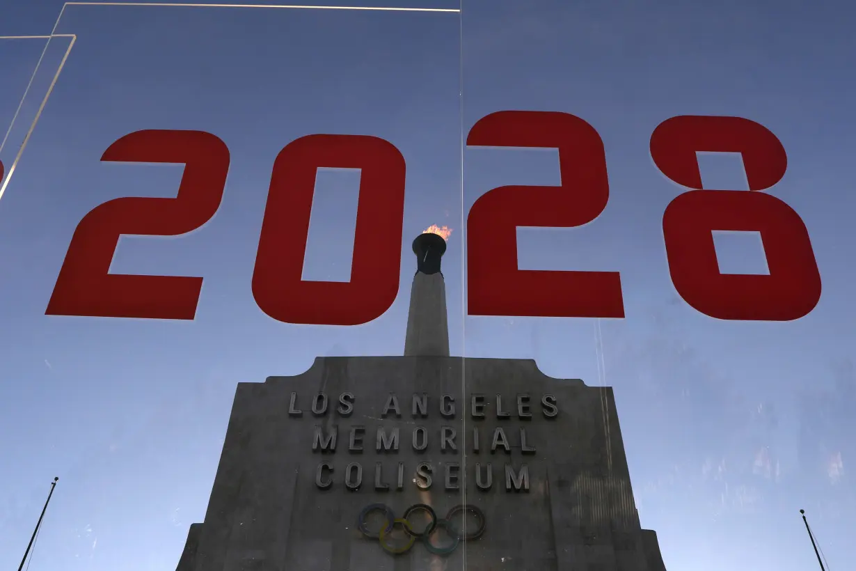 An LA2028 sign is seen at the Los Angeles Coliseum to celebrate Los Angeles being awarded the 2028 Olympic Games, in Los Angeles