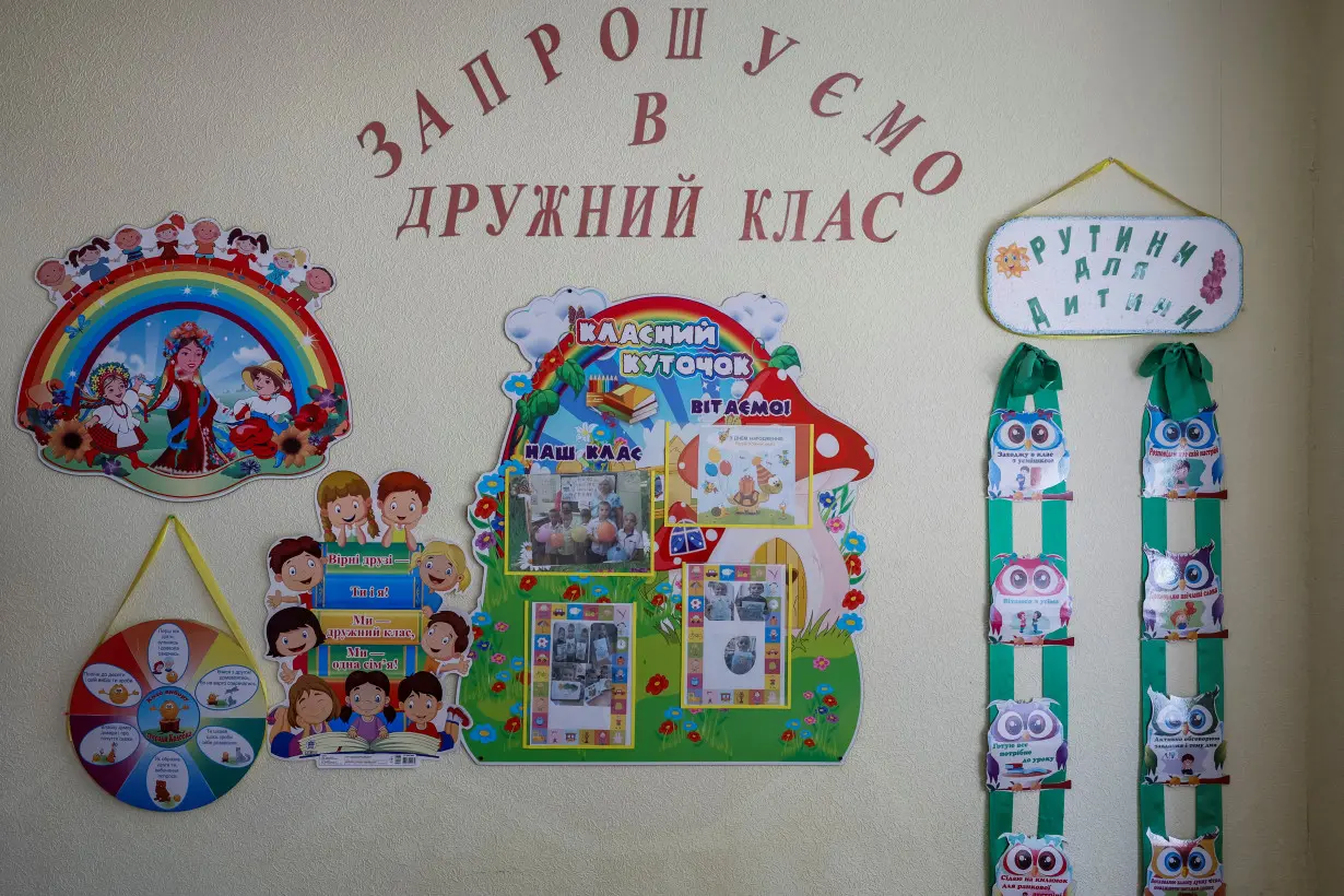 Children’s posters are seen at an orphanage in the village of Novopetrivka