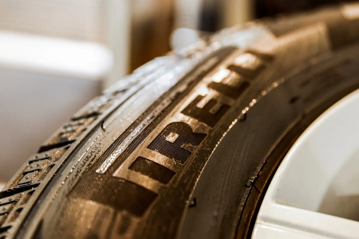 FILE PHOTO: A tyre produced by the Italian company Pirelli is on display at a dealership in Moscow