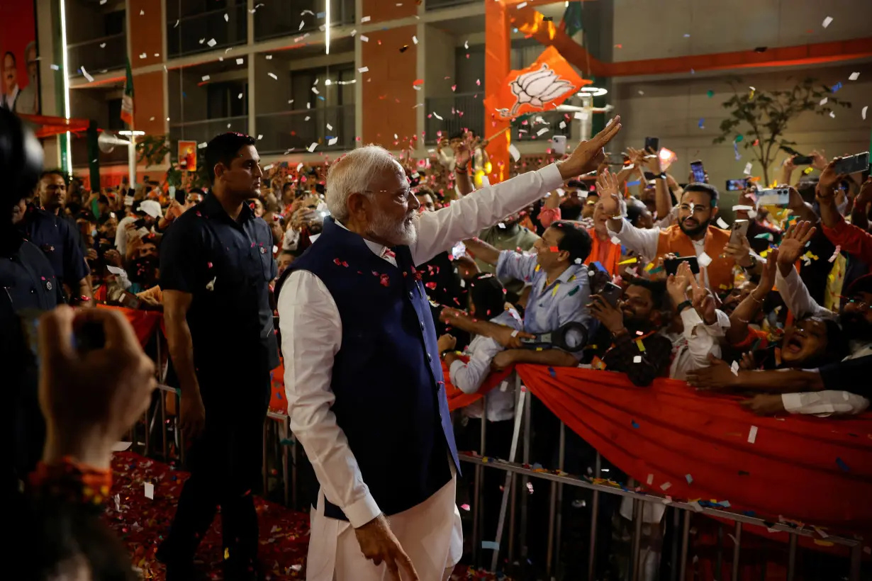 Indian PM Modi speaks to supporters at BJP headquarters, in New Delhi