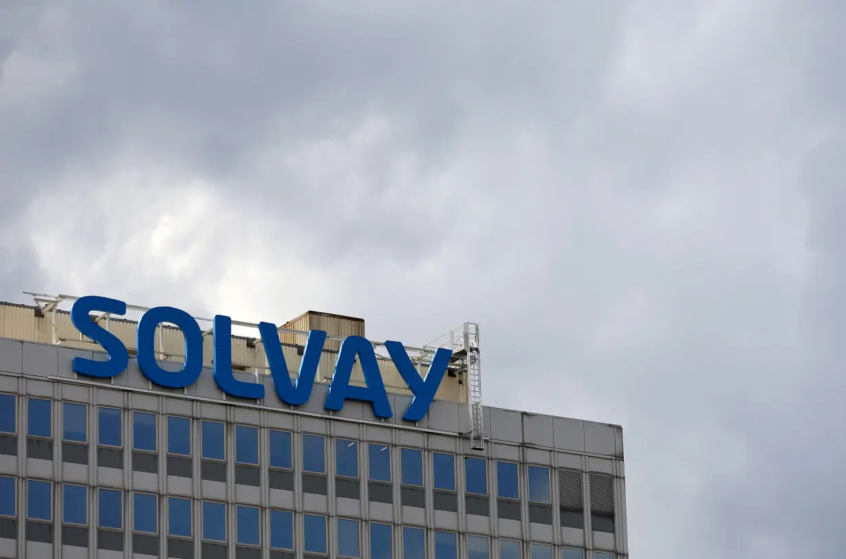 FILE PHOTO: The logo of Belgian chemical group Solvay is seen at its headquarters in Brussels