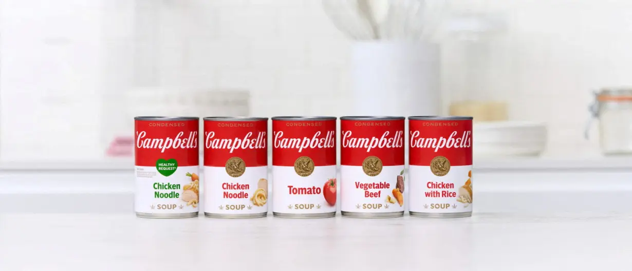 Campbell Soup cans bearing the company's logo are pictured in this undated handout image