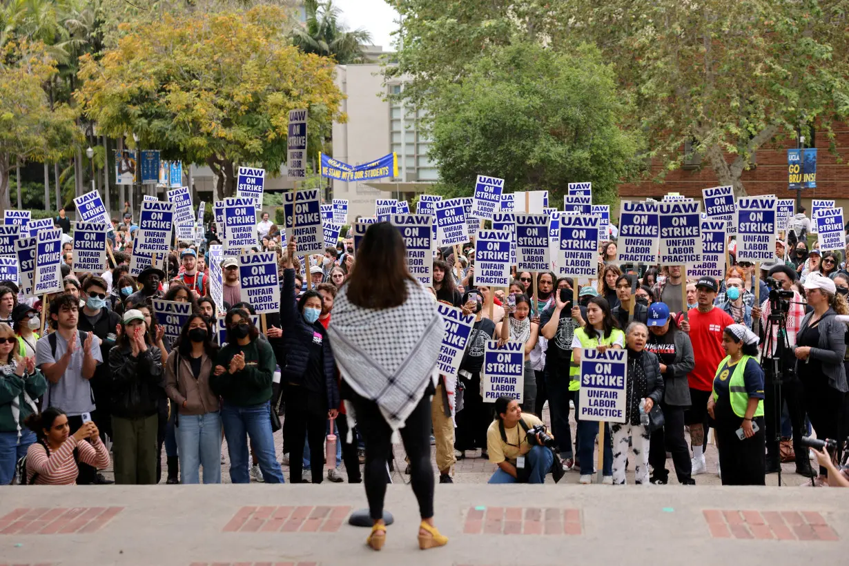 FILE PHOTO: Unionized academic workers, upset about the University of California's response to pro-Palestinian protests at various campuses, strike at UCLA in Los Angeles