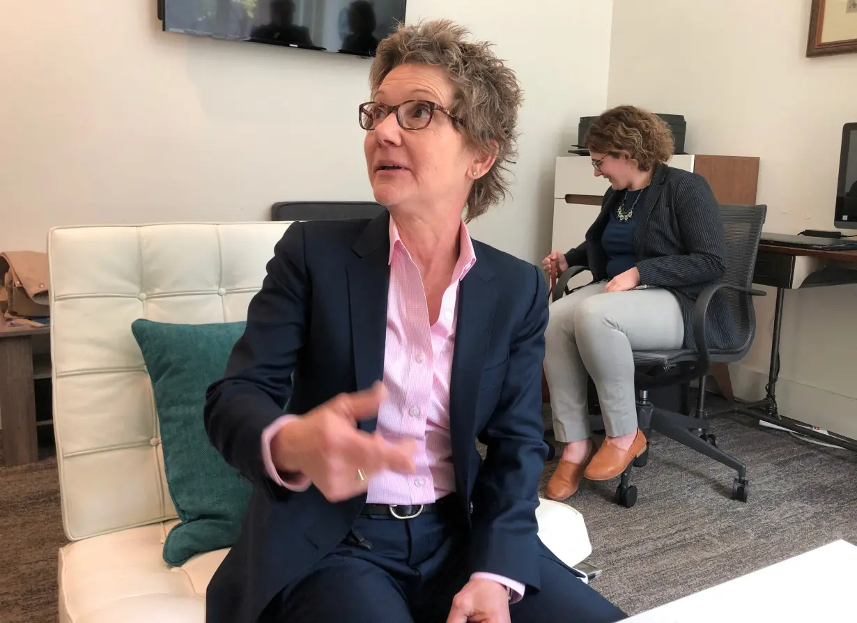 San Francisco Federal Reserve President Mary Daly speaks with reporters after a speech at the Commonwealth Club in San Franciso