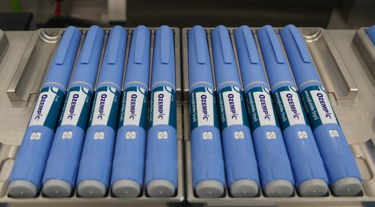 Ozempic pens sit on a production line at Novo Nordisk's site in Hillerod