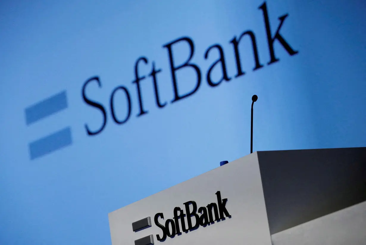 FILE PHOTO: SoftBank's logo is pictured at a news conference in Tokyo