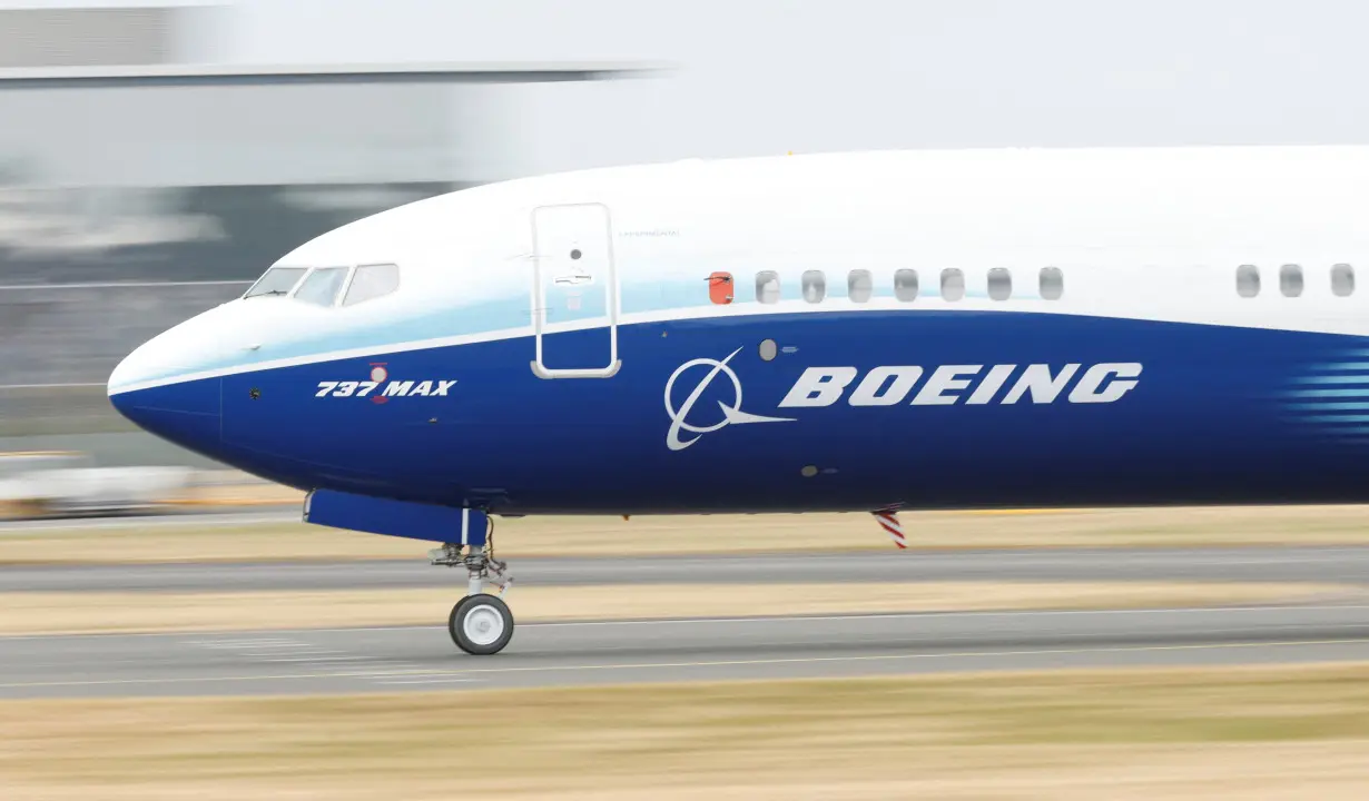 A Boeing 737 Max aircraft during a display at the Farnborough International Airshow, in Farnborough