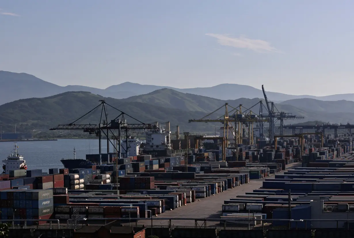 A view shows the Vostochny container port in the shore of Nakhodka Bay