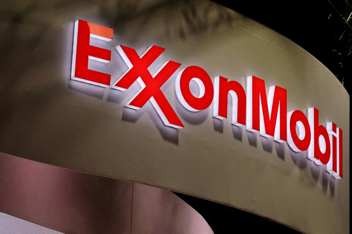 FILE PHOTO: The logo of ExxonMobil is seen during the LNG 2023 energy trade show in Vancouver