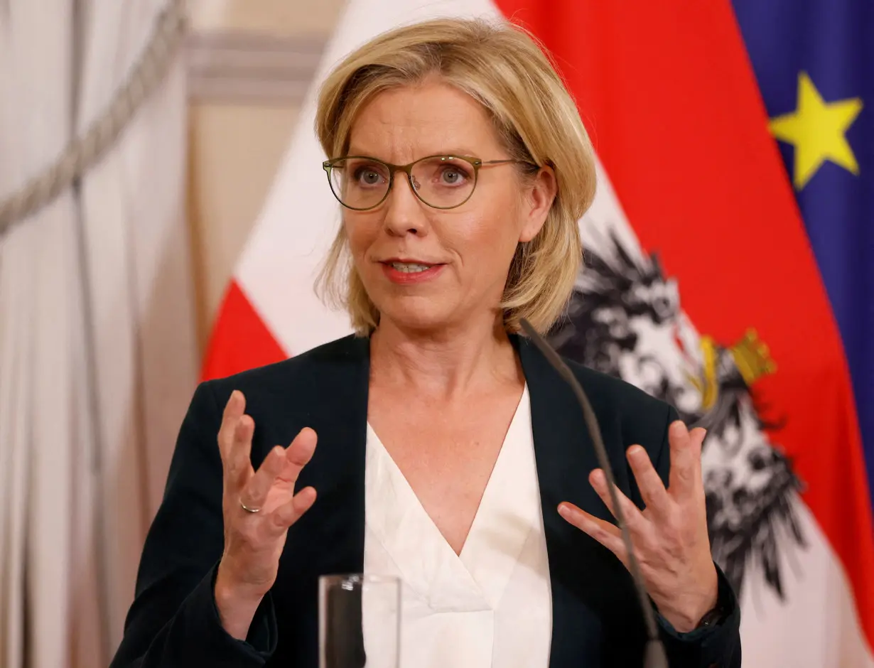 FILE PHOTO: Austrian Minister of Climate Action and Energy Leonore Gewessler speaks during a press conference in Vienna