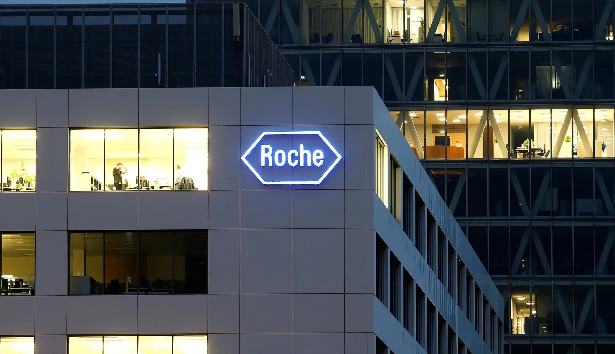 FILE PHOTO: The logo of Swiss pharmaceutical company Roche is seen at a plant in the central Swiss village of Rotkreuz