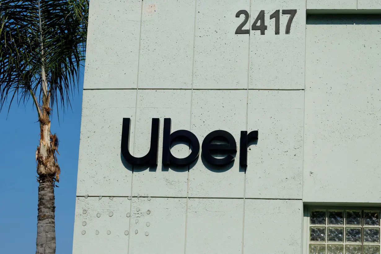 FILE PHOTO: The Uber logo is shown on the building in Los Angeles