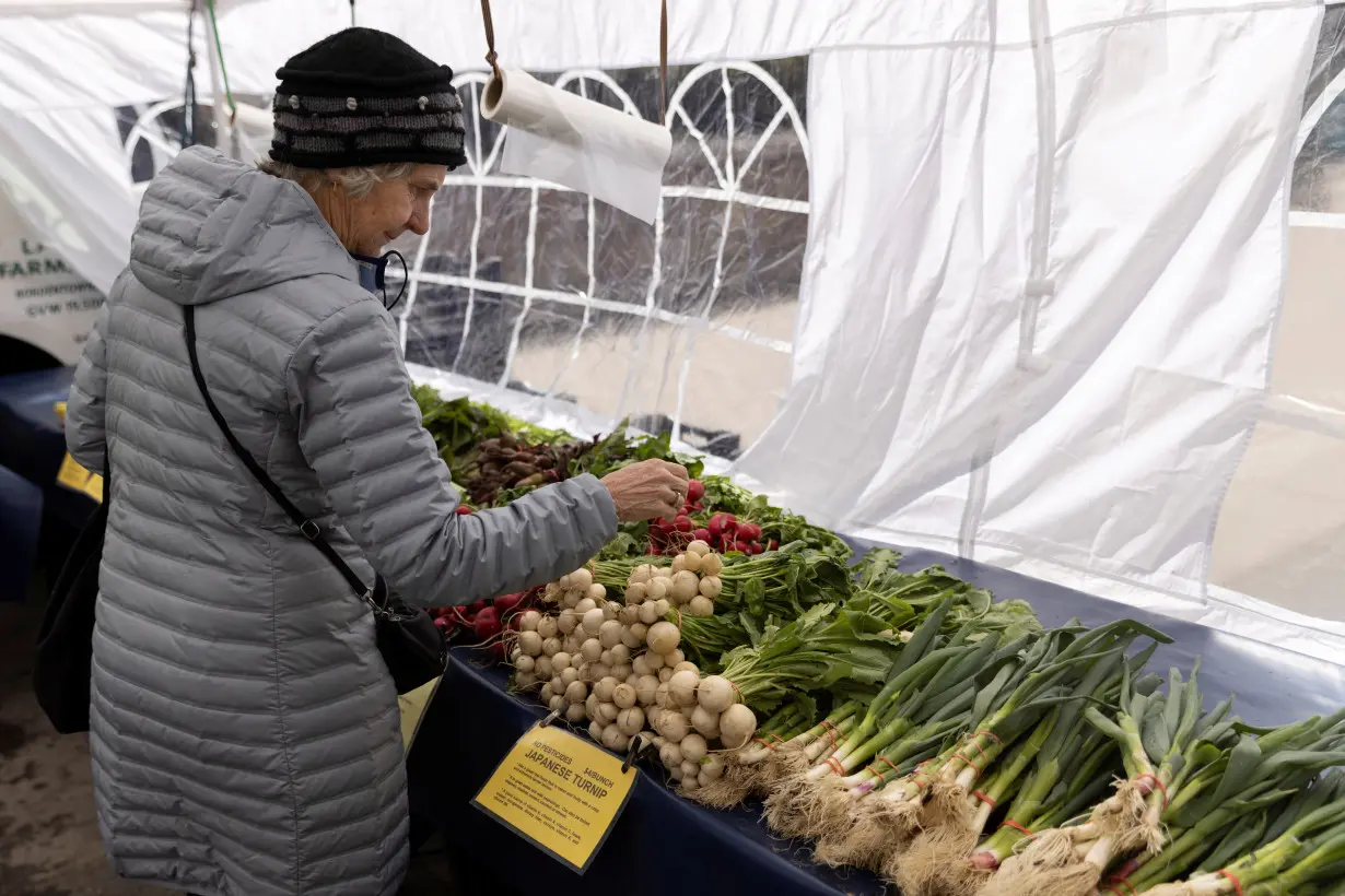 A person shops for vegetables at a market in Manhattan, New York City