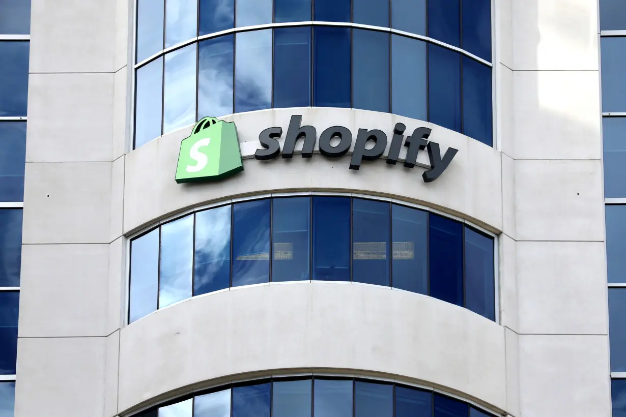 The logo of Shopify is seen outside its headquarters in Ottawa